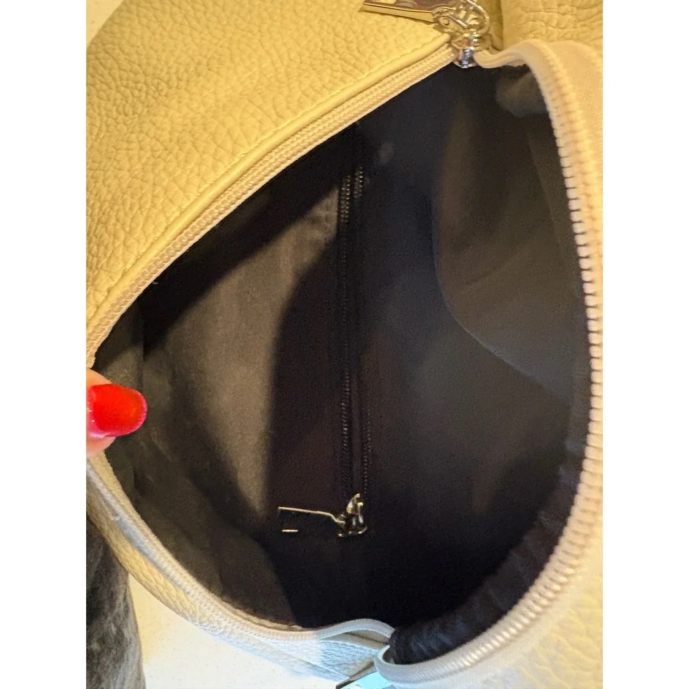 Cream Pebbled Faux Leather Crescent Sling Bag Crossbody Belt Bag Gold Hardware